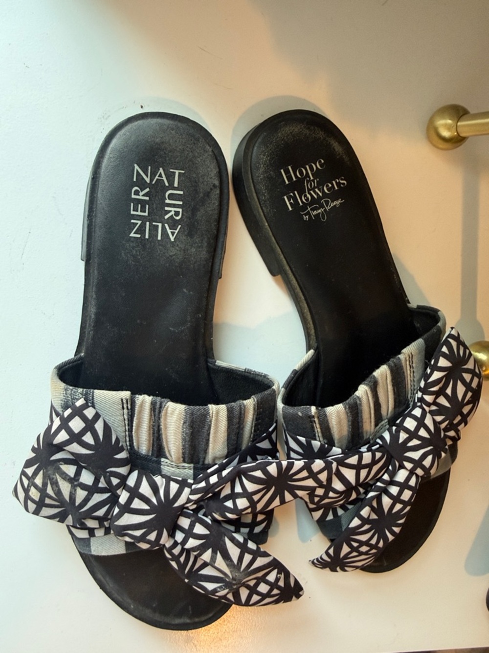 Anthropologie Black and White Patterned Bow Slide Sandals